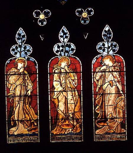 Three Trumpeting Angels, south aisle window, made by Morris, Marshall, Faulkner and Co. od Sir Edward Burne-Jones