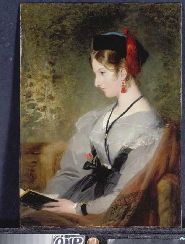 Bildnis von Elizabeth Wells (spätere Lady Dyke) in grauem Kleid mit Buch. od Sir Edwin Henry Landseer
