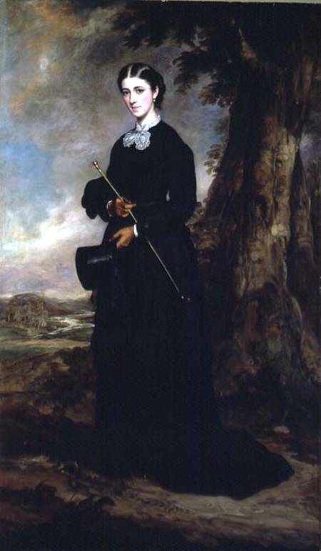 Young woman wearing a black riding habit and standing in a landscape od Sir Francis Grant
