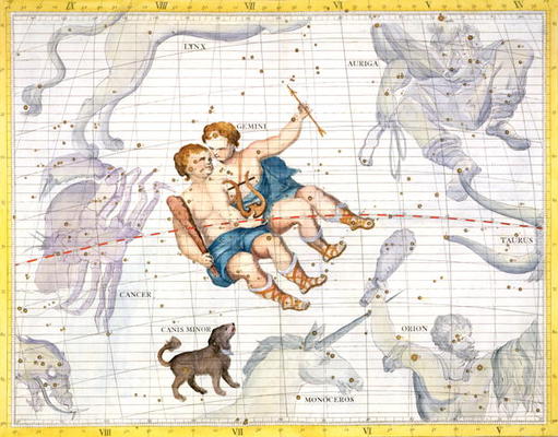 Constellation of Gemini with Canis Minor, plate 13 from 'Atlas Coelestis', by John Flamsteed (1646-1 od Sir James Thornhill
