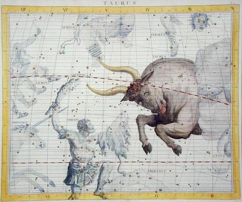 Constellation of Taurus, plate 2 from 'Atlas Coelestis', by John Flamsteed (1646-1710), published in od Sir James Thornhill