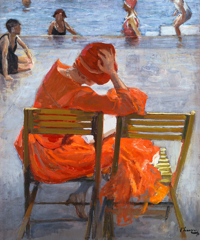 Junge Frau in einem roten Kleid an einem Swimming Pool od Sir John Lavery