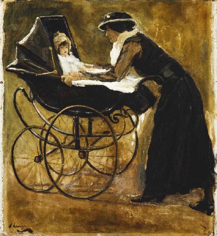Eine junge Frau mit Baby in einem Kinderwagen. od Sir John Lavery