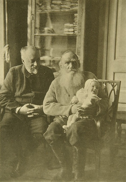 Leo Tolstoy with the son-in-law Mikhail Sukhotin and granddaughter Tatiana od Sophia Andreevna Tolstaya