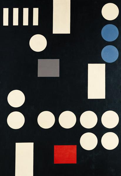 Composition with rectangles and circles on a black canvas.