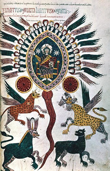 Additional 11695, fol.240 Daniel''s vision of the Four Beasts and God enthroned, from the Beatus Apo od Spanish School