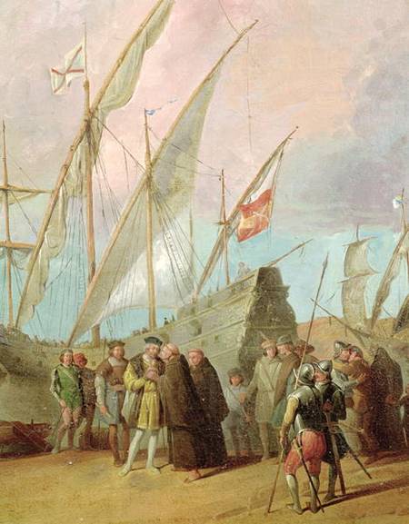 Departure of Christopher Columbus (1451-1506) from Palos, detail of the central group od Spanish School