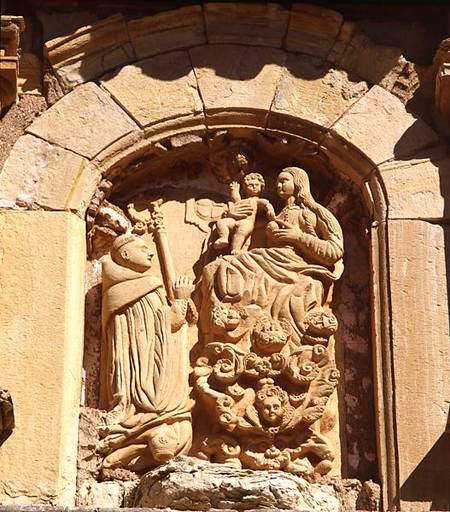 Madonna and Child with a Cistercian Monk, detail from the facade of the monastery founded in 1194 an od Spanish School