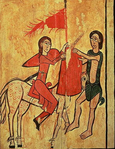 St. Martin and the Beggar, detail from an altar frontal from Sant Marti de Puigbo, Gombren od Spanish School