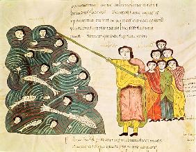 Fol.39v Moses closing the Red Sea on the Egyptians, from the ''Bible Mozarabe''
