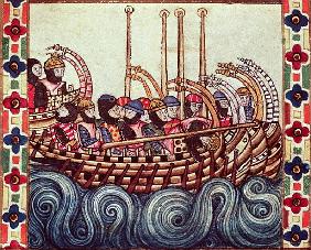 Fol.53r Departure of a Boat for the Crusades, written in Galacian for Alfonso X (1221-84)