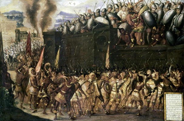 Montezuma (1466-1547), captured by the Spaniards, pleads with the Aztecs to surrender as they attack od Spanish School, (16th century)
