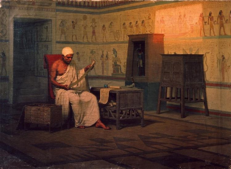 Egyptian priest reading a papyrus od Stepan Wladislawowitsch Bakalowitsch