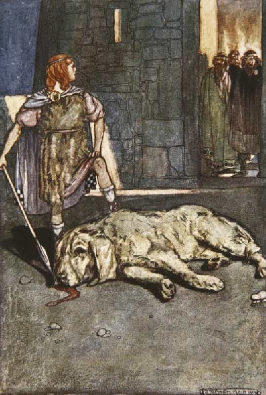 Cuchalain slays the Hound of Culain, illustration from Cuchulain, The Hound of Ulster, by Eleanor Hu od Stephen Reid