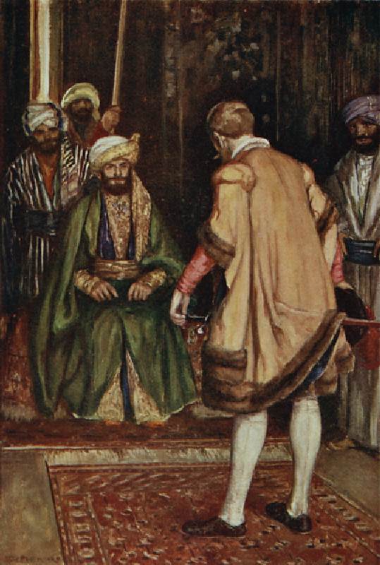 Jenkinson claims the Sultans hospitality, illustration from The Book of Discovery by T.C. Bridges, p od Stephen Reid