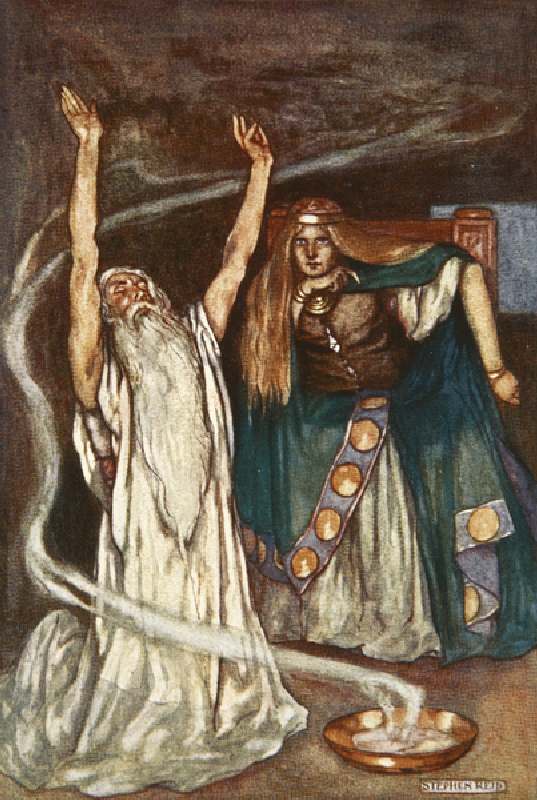 Queen Maeve and the Druid, illustration from Cuchulain, The Hound of Ulster, by Eleanor Hull (1860-1 od Stephen Reid