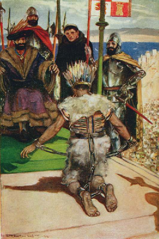 Montezuma before Cortes, illustration from The Book of Discovery by T.C. Bridges, published 1931 (co od Stephen Reid
