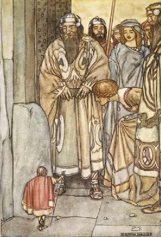 They all trooped out, lords and ladies, to view the wee man, illustration from The High Deeds of Fin od Stephen Reid