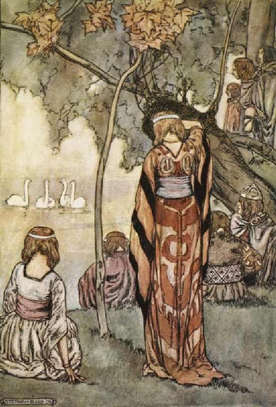 They made an encampment and the swans sang to them, illustration from The High Deeds of Finn, and ot od Stephen Reid