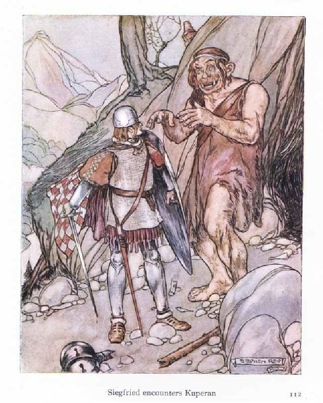Siegfried encounters Kuperan (colour litho) od Stephen Reid