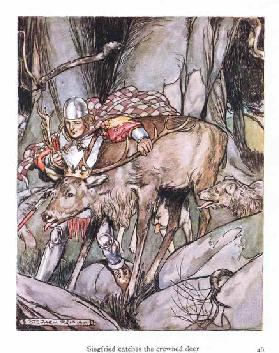 Siegried catches the crowned deer (colour litho)
