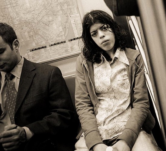 Woman sitting on a subway and staring, 2004 (b/w photo)  od Stephen  Spiller