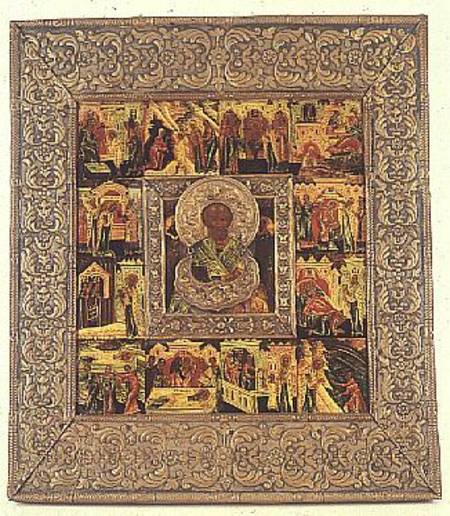 Russian icon depicting St.Nicholas, within a surround of 12 scenes from the life of Christ od Stroganov School
