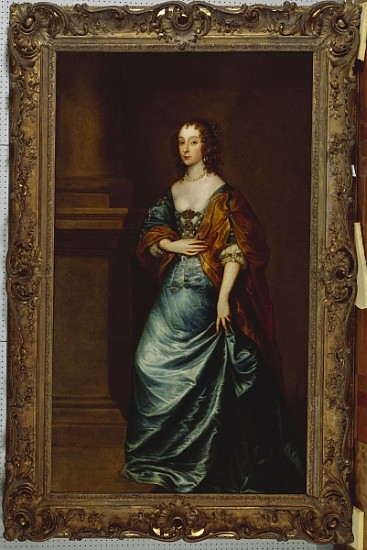 Portrait of Mary Villiers, Duchess of Lennox and Richmond, in a blue dress and brown wrap by a colum od (studio of) Sir Anthony van Dyck
