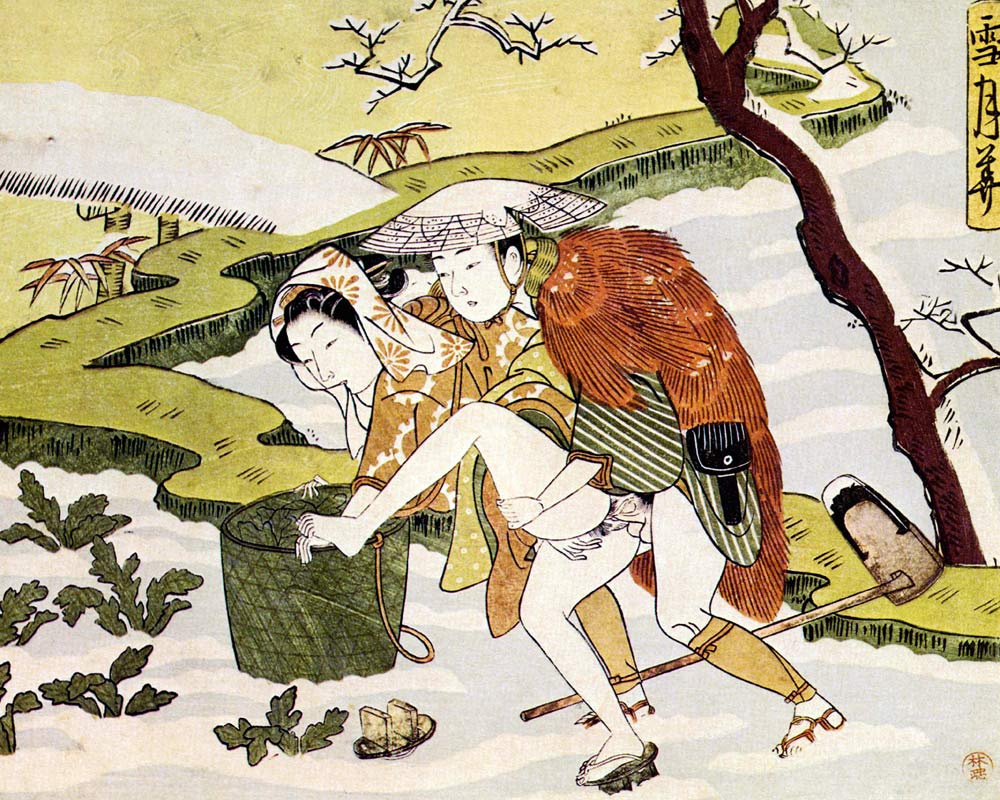Shunga (Erotic woodblock print) From the Series "Setsugekka" (Snow, moon and flower) od Suzuki Harunobu