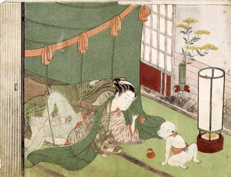 A 'Shunga', from a series of twenty four erotic prints: lovers, with child looking on, 1725-70 od Suzuki Harunobu