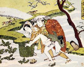 Shunga (Erotic woodblock print) From the Series "Setsugekka" (Snow, moon and flower)