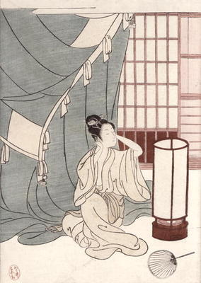 Young woman kneeling by her mosquito net, 1766 (colour woodblock print) od Suzuki Harunobu