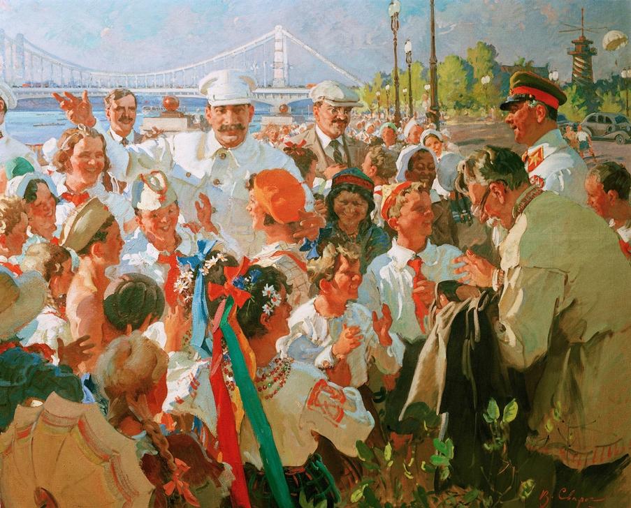 I.V.Stalin and members of the Polit– buro among children in od Wassili Semjonowitsch Swarog