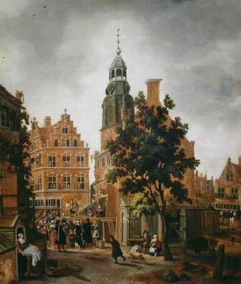 The Munt Tower with a Quack Praising his Merchandise, Amsterdam (oil on panel) od Sybrandt van Beest
