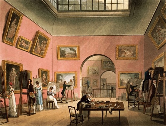 Students learning to paint and making copies of pictures at the British Institution, Pall Mall, from od T.(1756-1827) Rowlandson