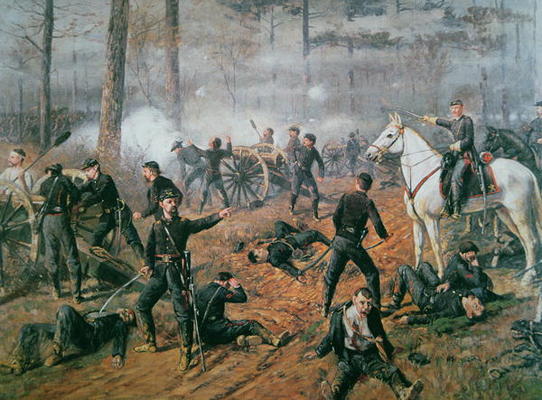Captain Hickenlooper's battery in the Hornet's Nest at the Battle of Shiloh, April 1862 (colour lith od T. C. Lindsay