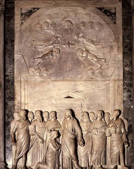 Coronation of the Virgin, sculptured marble altarpiece od T.  Lombardo