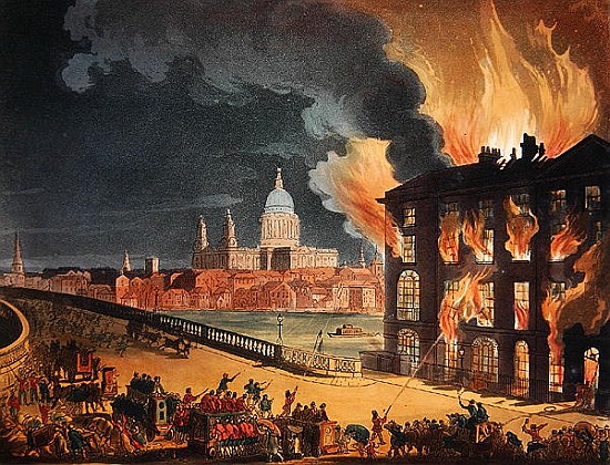 Fire at Albion Mill, Blackfriars Bridge, from Ackermann''s ''Microcosm of London'' c.1808-11 od T. Rowlandson