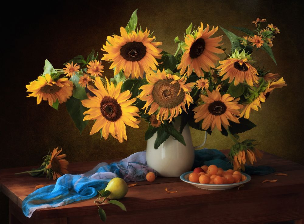 Still life with sunflowers and yellow plums od Tatyana Skorokhod (Татьяна