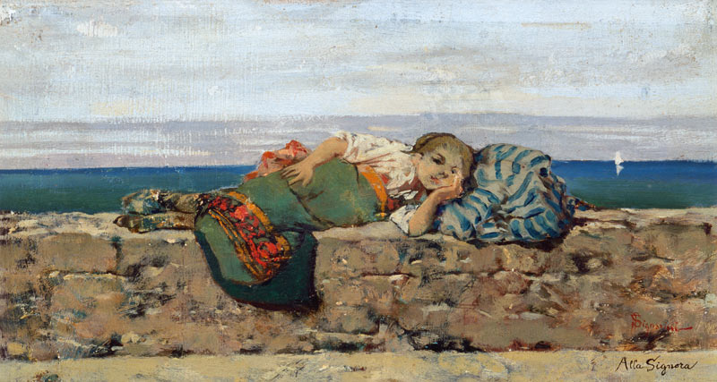 Peasant girl lying on a parapet od Telemaco Signorini