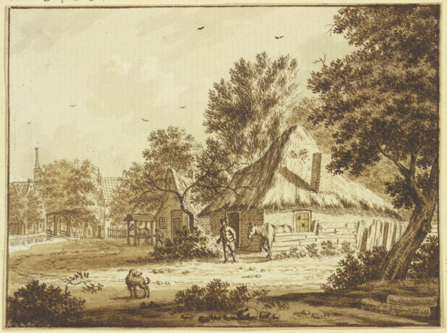 Bauerndorf, ein Mann führt ein Pferd aus seinem Hof, vorne ein Hund od Theodor de Bruyn