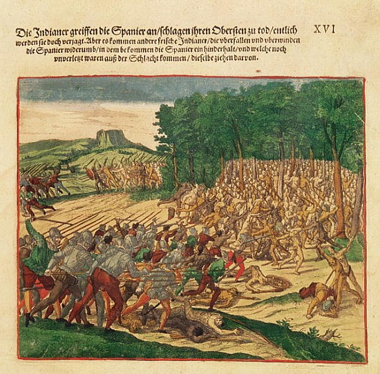 Battle between the Indians and the Spanish in which the Spanish colonel was beaten to death od Theodore de Bry