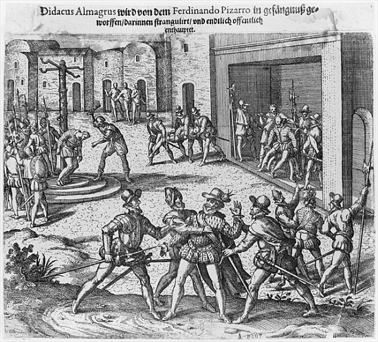Capture, trial and execution of Diego de Almagro by order of Francisco Pizarro od Theodore de Bry