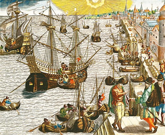 Departure from Lisbon for Brazil, the East Indies and America, illustration from ''Americae Tertia P od Theodore de Bry