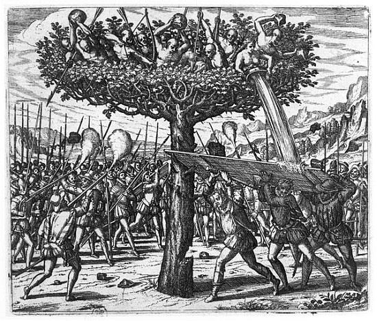 Indians in a Tree Hurling Projectiles at the Spanish od Theodore de Bry