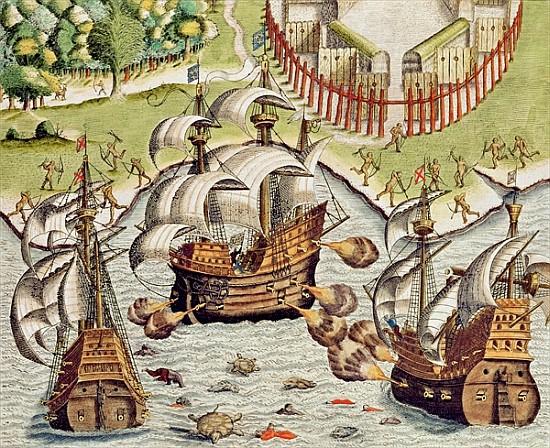 Naval Battle between the Portuguese and French in the Seas off the Potiguaran Territories, from ''Am od Theodore de Bry