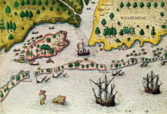The Arrival of the English in Virginia, from ''Admiranda Narratio..'', 1585-88 od Theodore de Bry