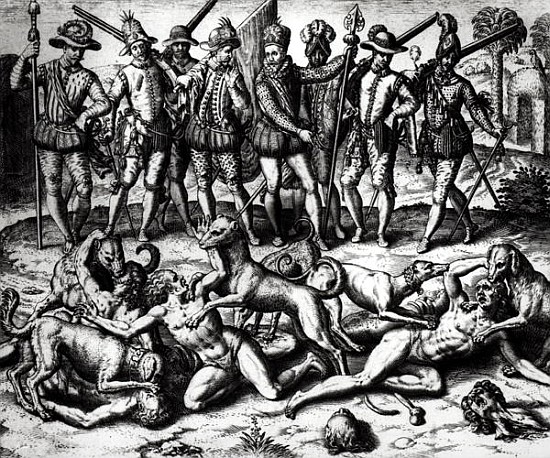 The dogs of Vasco Nunez de Balboa (1475-1571) attacking the Indians od Theodore de Bry