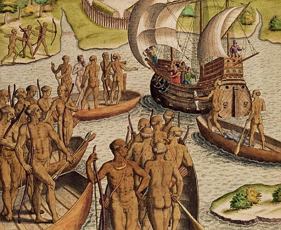 ''The Lusitanians send a second Boat towards me'', from ''Americae Tertia Pars...'' od Theodore de Bry
