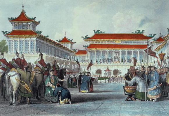 The Emperor Teaon-Kwang Reviewing his Guards, Palace of Peking, from 'China in a Series of Views' by od Thomas Allom